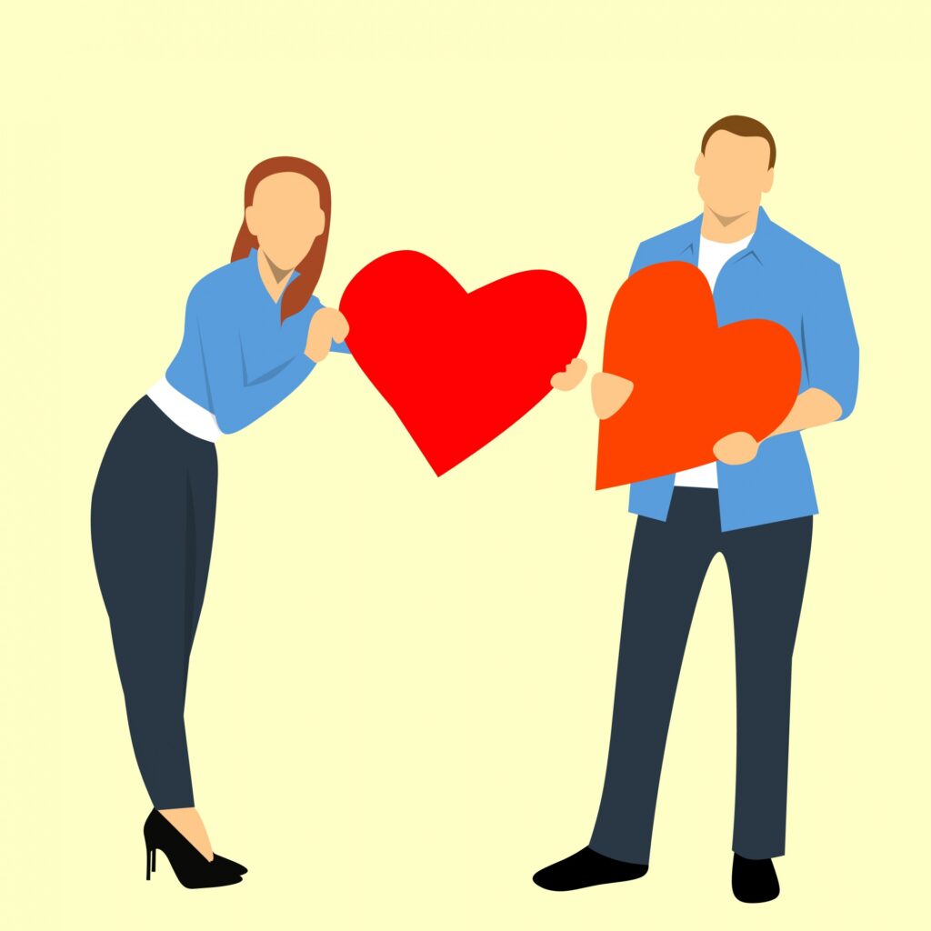 ציור של גבר ואישה מחזיקים לבבות
